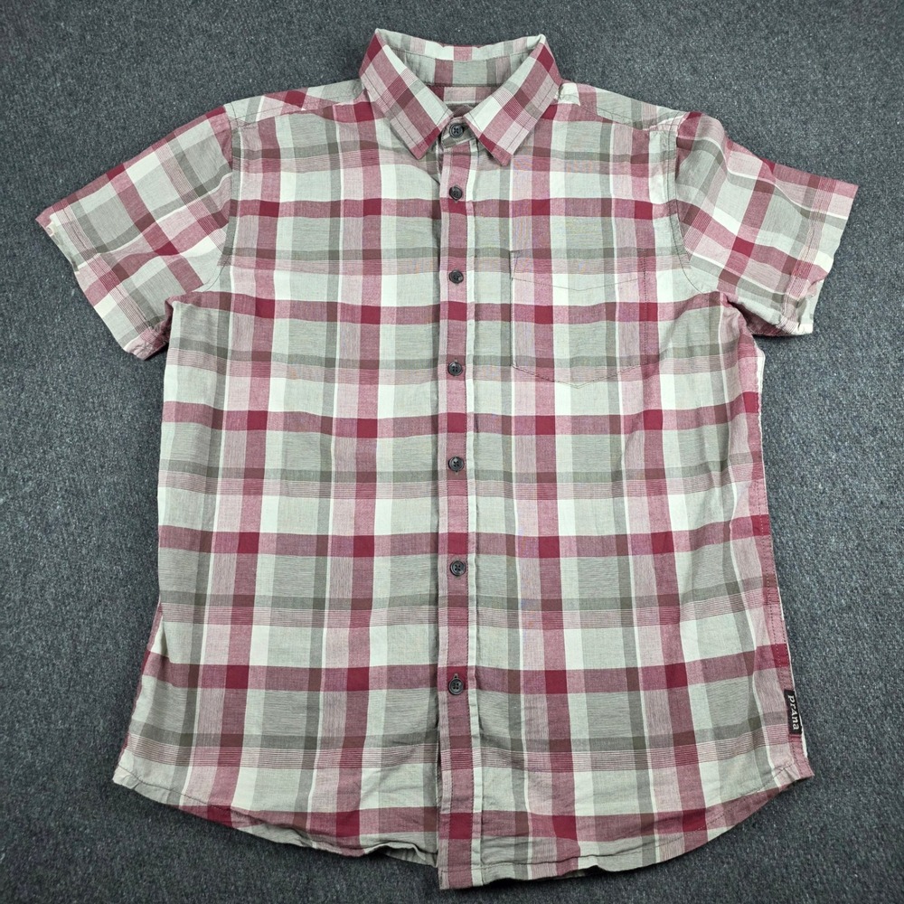prAna Plaid Short Sleeve Button Down Shirt Mens XS Red Outdoor Casual Pocket